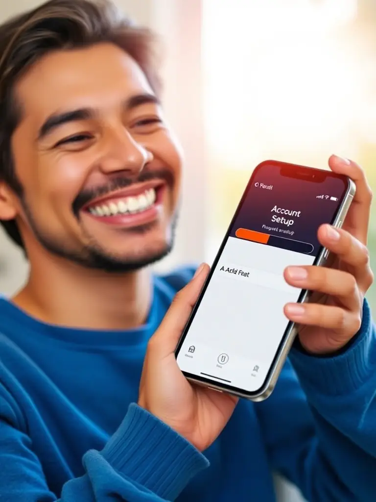 A person happily holding a mobile phone, with a progress bar on the screen indicating account setup, set against a bright, encouraging background.