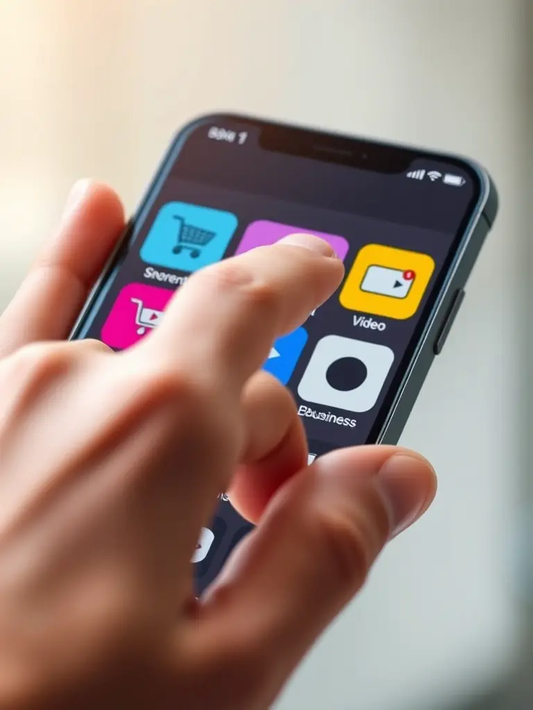 A hand tapping a mobile phone screen showing various online business options, such as e-commerce, affiliate marketing, and content creation.